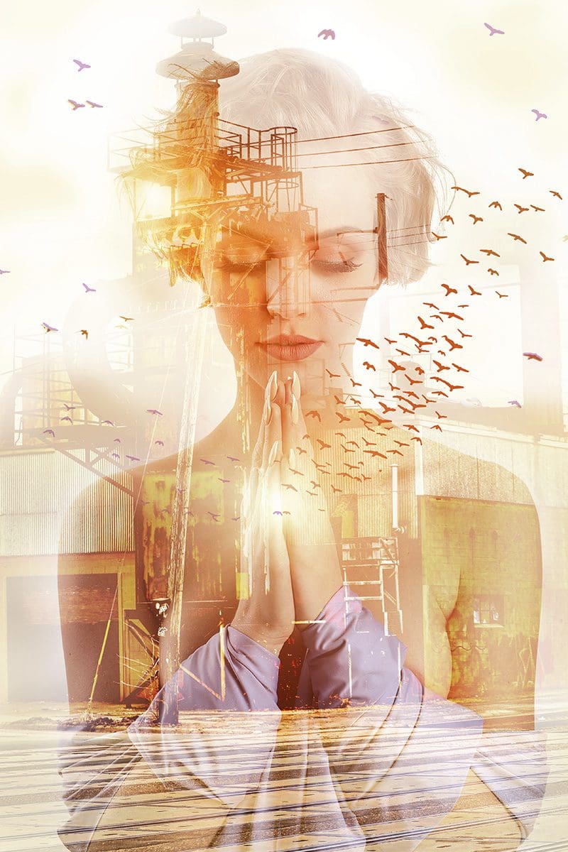 women praying and birds in background Illustrative woman praying with birds flying around
